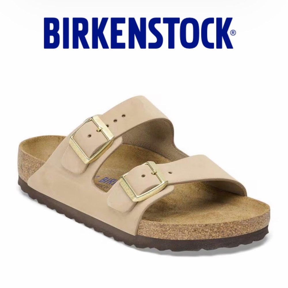 SZ 39 Birkenstock Arizona Two-Strap Sandal in Beige with Gold Buckles